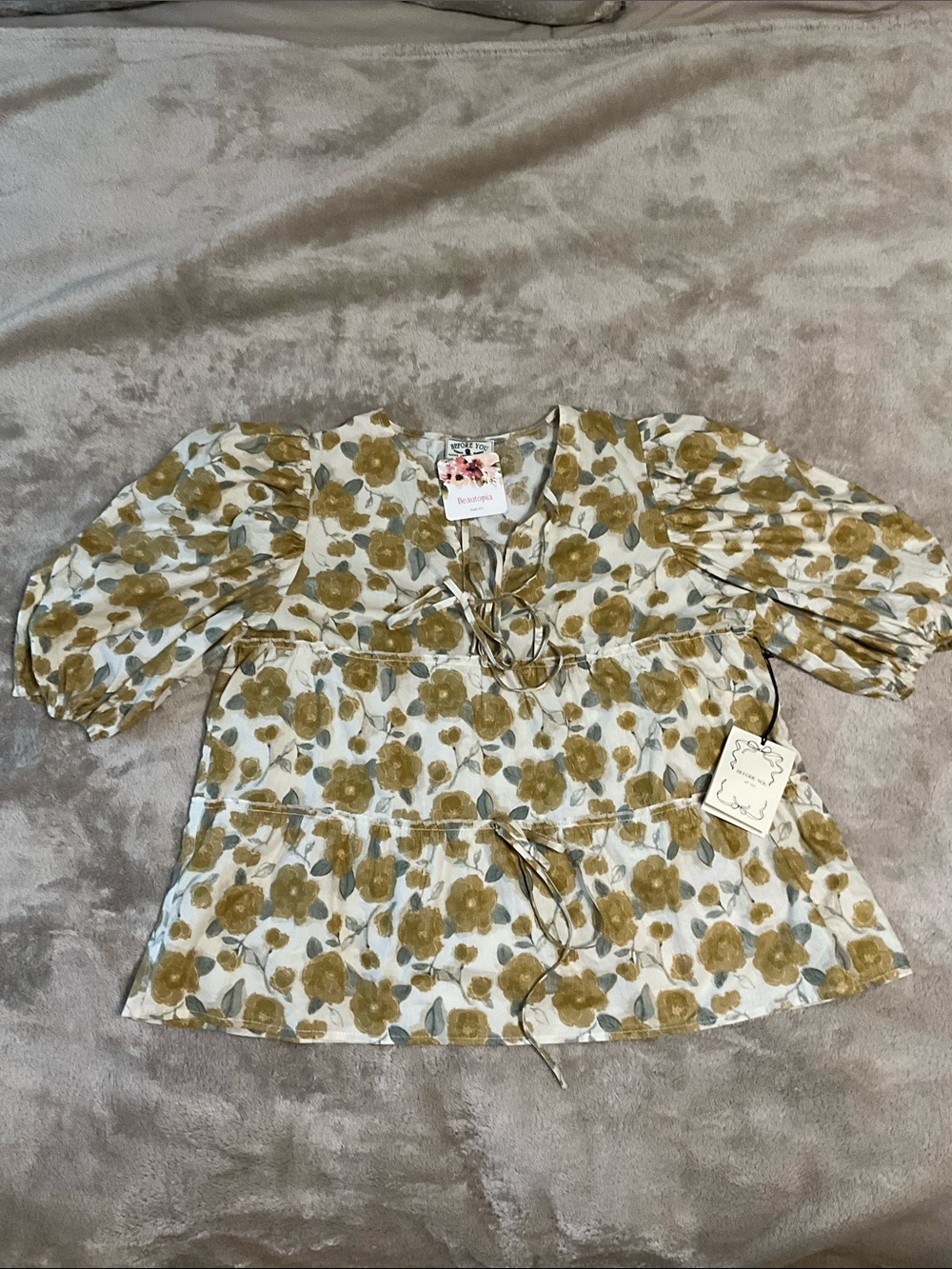 Floral Tie-Front Peplum Blouse - Mustard on White